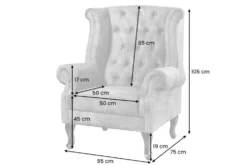 Design Ohrensessel CHESTERFIELD 105cm grau Samt silber Nieten