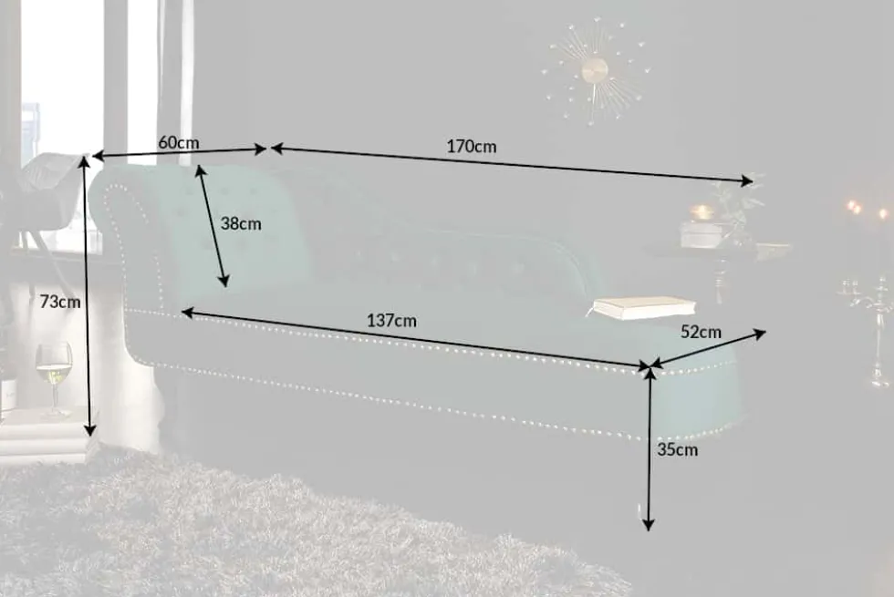 Design Récamière CHESTERFIELD 170cm smaragdgrün Samt Knopfheftung Nietenbesatz