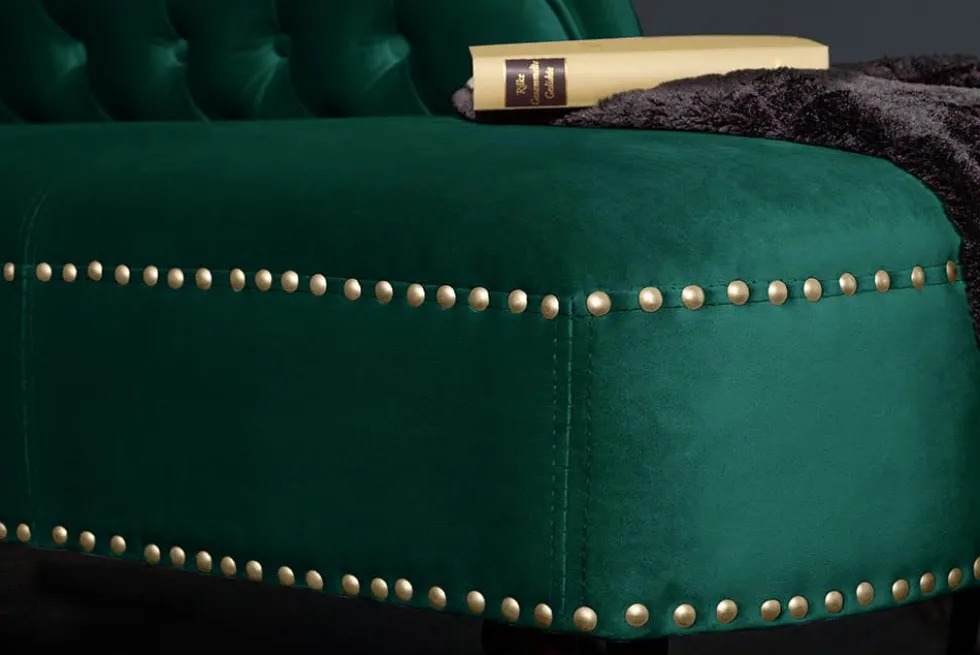 Design Récamière CHESTERFIELD 170cm smaragdgrün Samt Knopfheftung Nietenbesatz