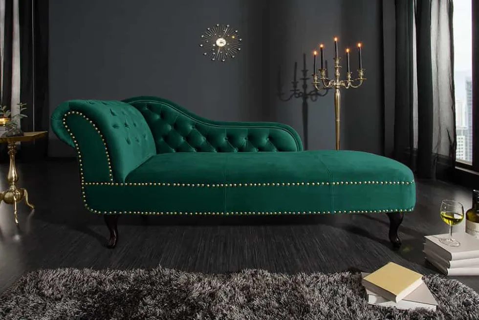 Design Récamière CHESTERFIELD 170cm smaragdgrün Samt Knopfheftung Nietenbesatz