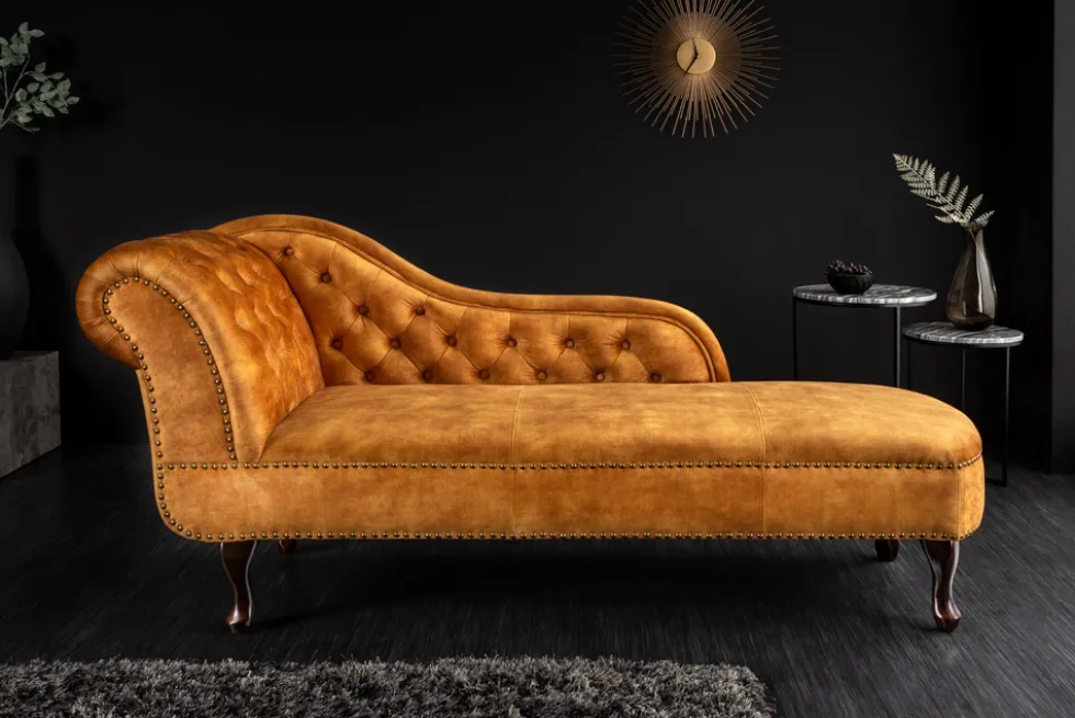 Design Récamière CHESTERFIELD 170cm senfgelb Samt Knopfheftung Nietenbesatz