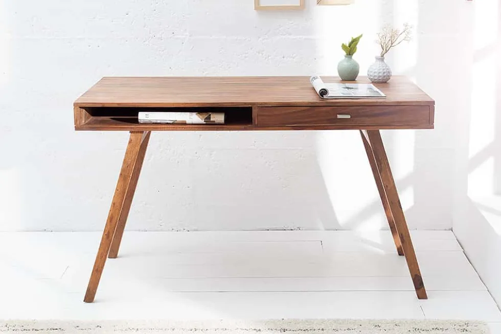 Design Schreibtisch RETRO 120cm braun Sheeshamholz stone finish Design Klassiker