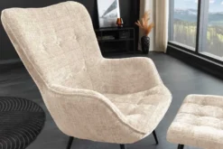 Design Sessel SCANDINAVIA champagner Chenille Cremona schwarz Metall mit Armlehne
