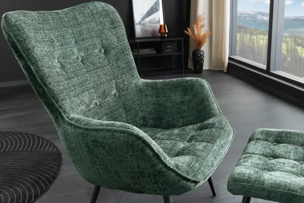 Design Sessel SCANDINAVIA grün Chenille Cremona schwarz Metall mit Armlehne