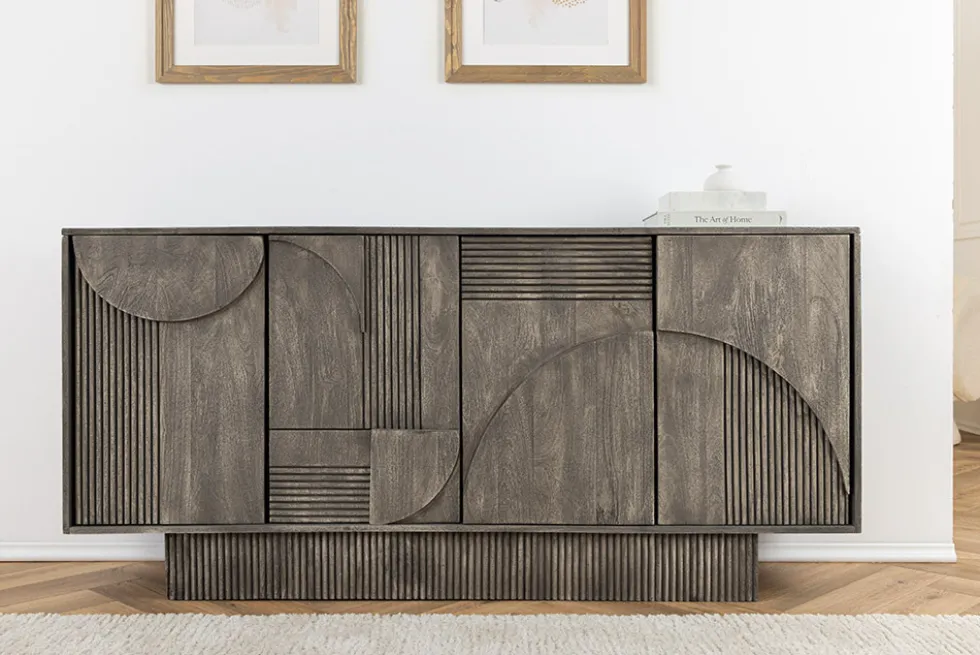 Design Sideboard ART DECO 170cm grau smoked Mangoholz massiv 3D-Front