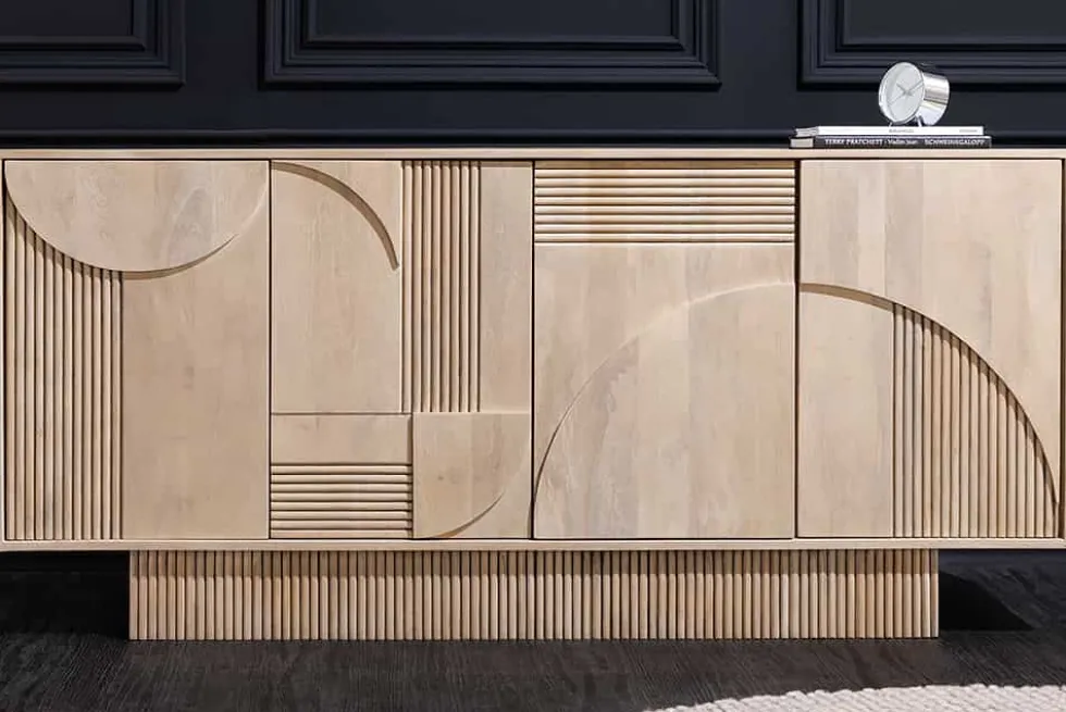 Design Sideboard ART DECO 170cm weiß gekälkt Mangoholz massiv 3D-Front