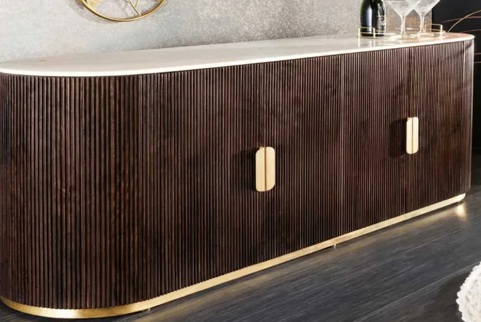 Design Sideboard GATSBY 170cm braun gold Mangoholz weiße Marmorplatte
