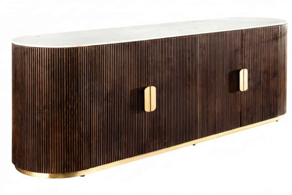 Design Sideboard GATSBY 170cm braun gold Mangoholz weiße Marmorplatte