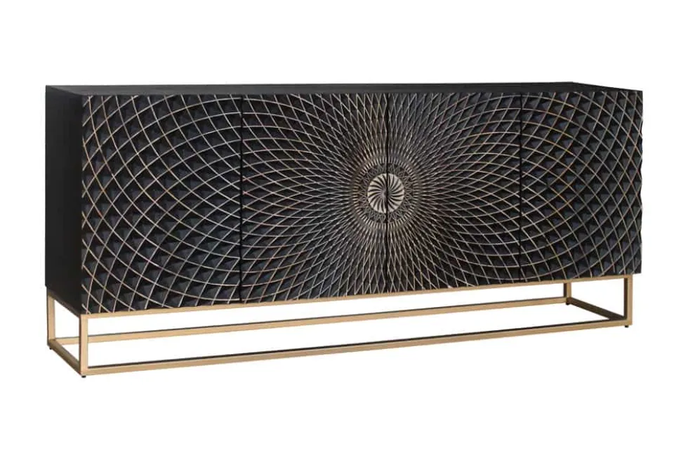 Design Sideboard ILLUSION 180cm schwarz Mangoholz Massivholz mit 3D Schnitzereien gold Eisen Metallgestell