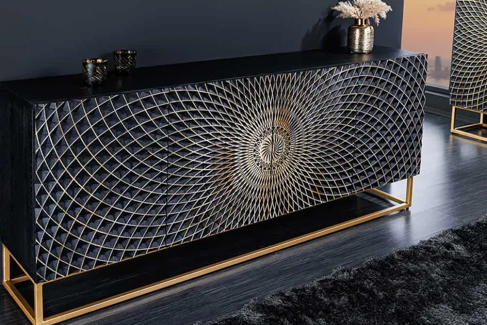 Design Sideboard ILLUSION 180cm schwarz Mangoholz Massivholz mit 3D Schnitzereien gold Eisen Metallgestell