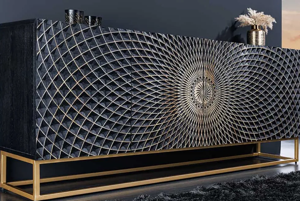 Design Sideboard ILLUSION 180cm schwarz Mangoholz Massivholz mit 3D Schnitzereien gold Eisen Metallgestell