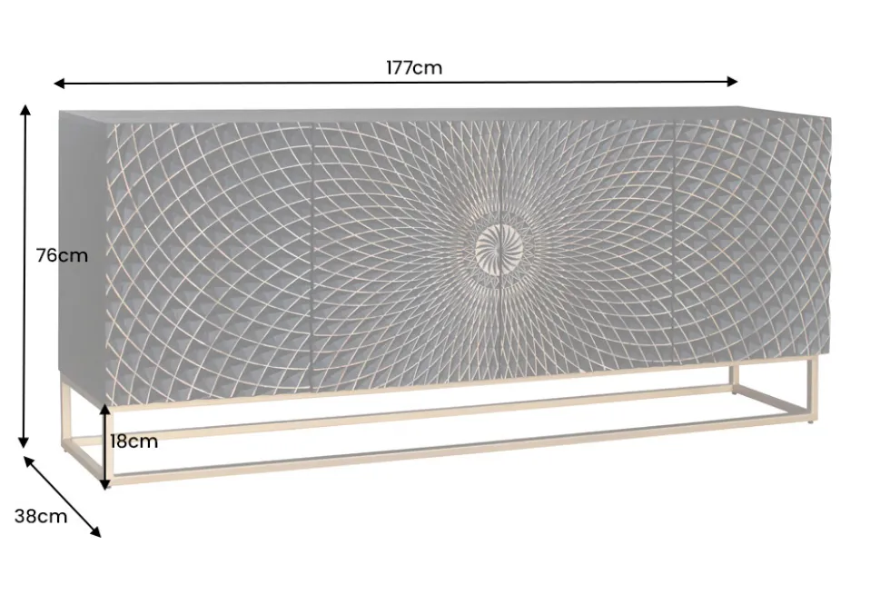 Design Sideboard ILLUSION 180cm schwarz Mangoholz Massivholz mit 3D Schnitzereien gold Eisen Metallgestell