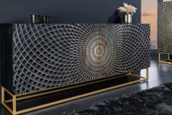 Design Sideboard ILLUSION 180cm schwarz Mangoholz Massivholz mit 3D Schnitzereien gold Eisen Metallgestell