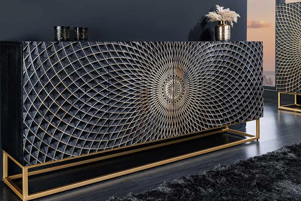 Design Sideboard ILLUSION 180cm schwarz Mangoholz Massivholz mit 3D Schnitzereien gold Eisen Metallgestell