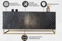 Design Sideboard ILLUSION 180cm schwarz Mangoholz Massivholz mit 3D Schnitzereien gold Eisen Metallgestell