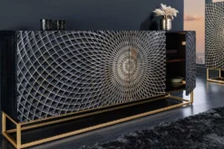 Design Sideboard ILLUSION 180cm schwarz Mangoholz Massivholz mit 3D Schnitzereien gold Eisen Metallgestell