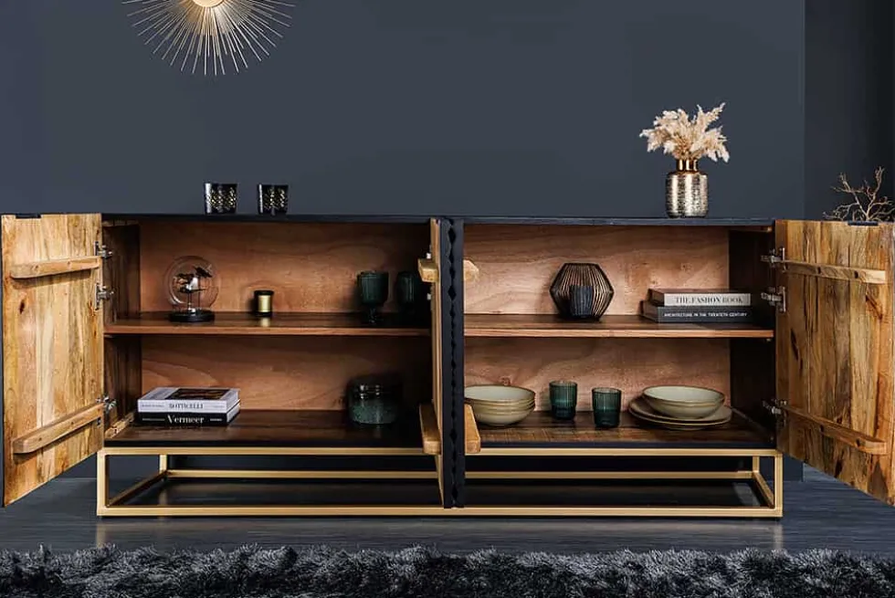 Design Sideboard ILLUSION 180cm schwarz Mangoholz Massivholz mit 3D Schnitzereien gold Eisen Metallgestell