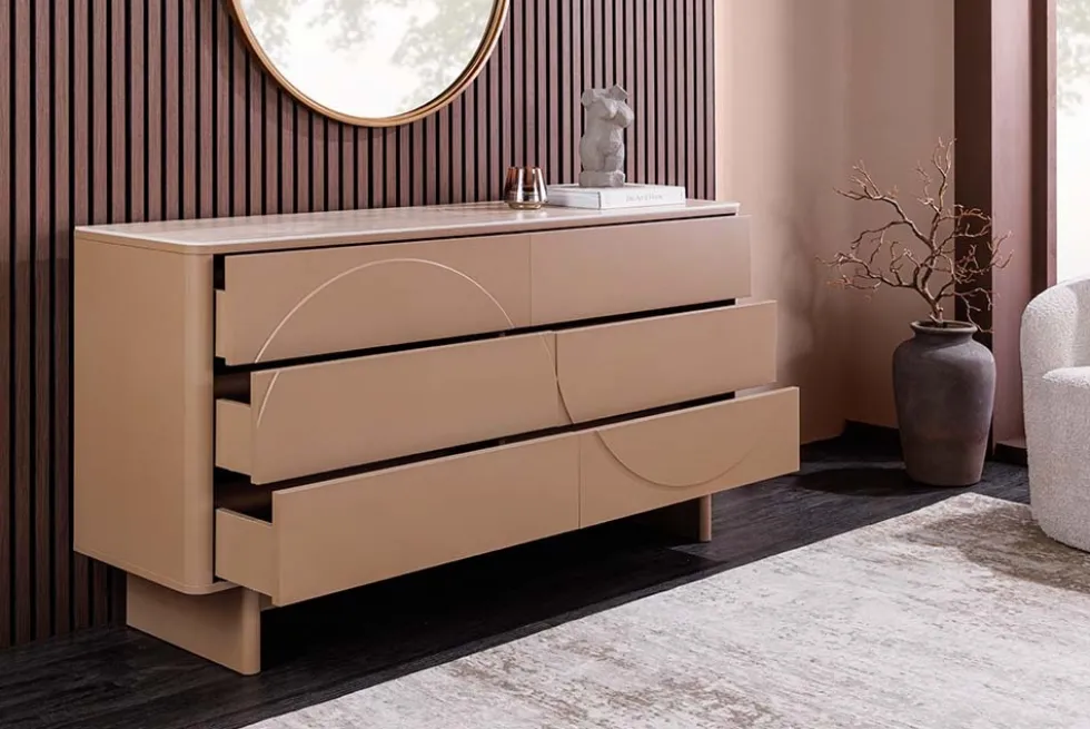Design Sideboard SAVOY 150cm grau beige greige Keramik Travertin mit sechs Schubladen