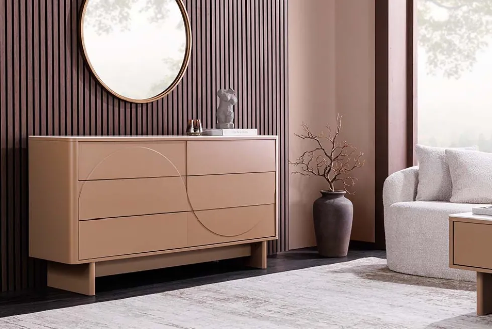 Design Sideboard SAVOY 150cm grau beige greige Keramik Travertin mit sechs Schubladen