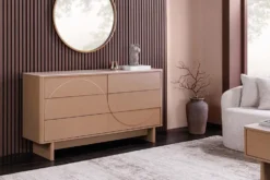 Design Sideboard SAVOY 150cm grau beige greige Keramik Travertin mit sechs Schubladen