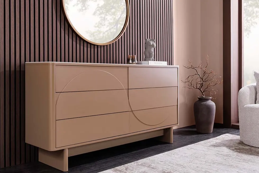 Design Sideboard SAVOY 150cm grau beige greige Keramik Travertin mit sechs Schubladen