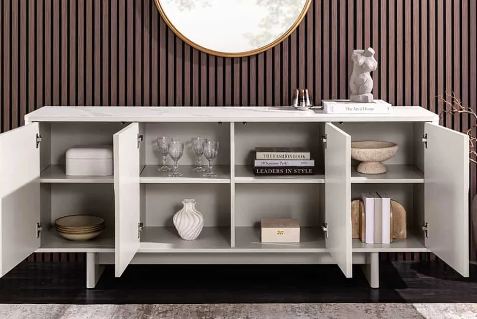 Design Sideboard SAVOY 180cm kaschmir weiß Marmor Keramik mit Stauraum und 3D-Front