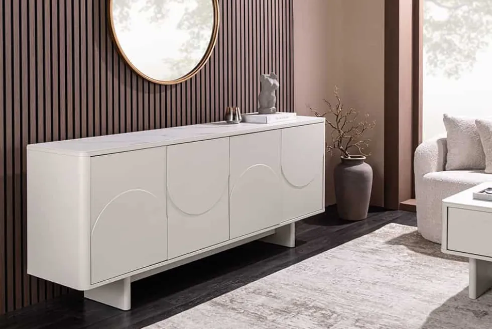 Design Sideboard SAVOY 180cm kaschmir weiß Marmor Keramik mit Stauraum und 3D-Front