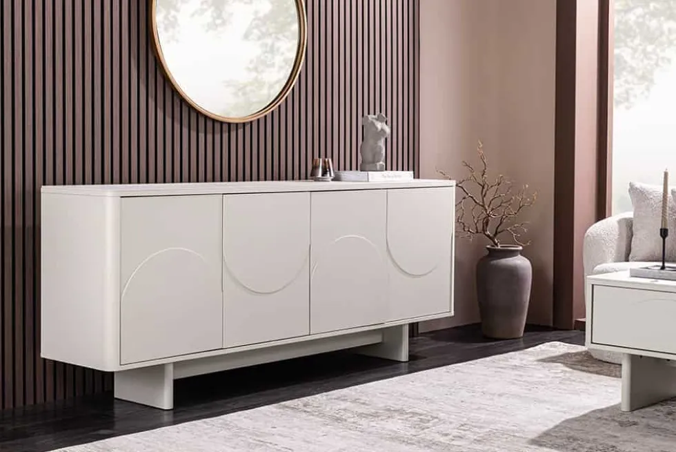 Design Sideboard SAVOY 180cm kaschmir weiß Marmor Keramik mit Stauraum und 3D-Front