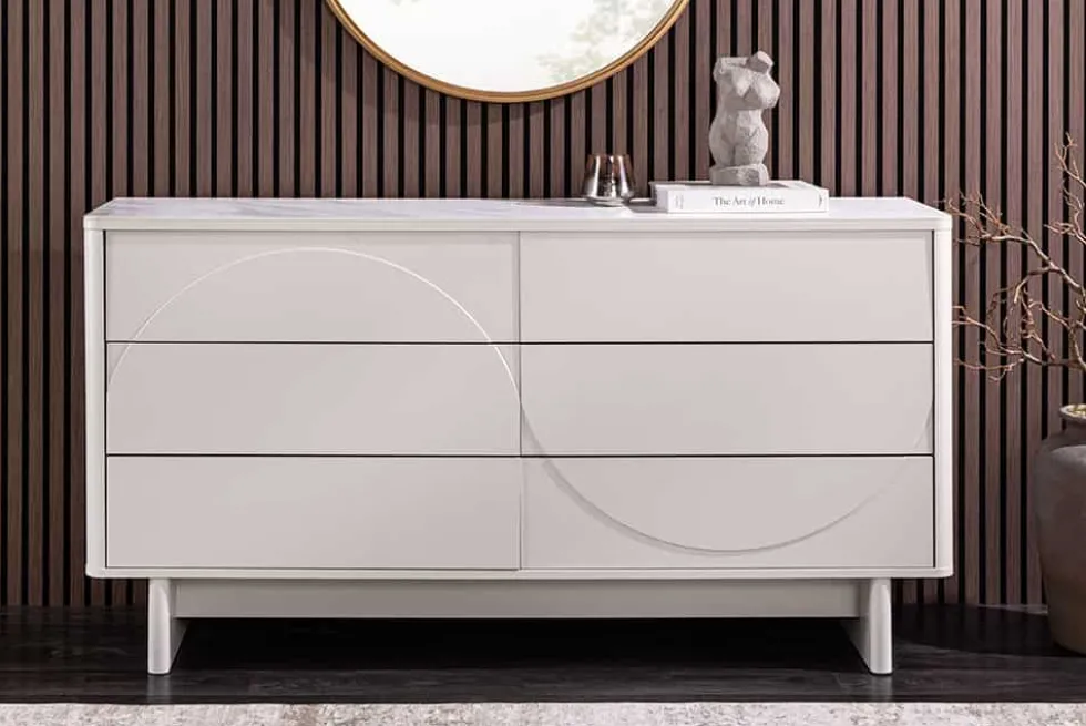 Design Sideboard SAVOY 150cm kaschmir weiß Marmor Keramik mit sechs Schubladen
