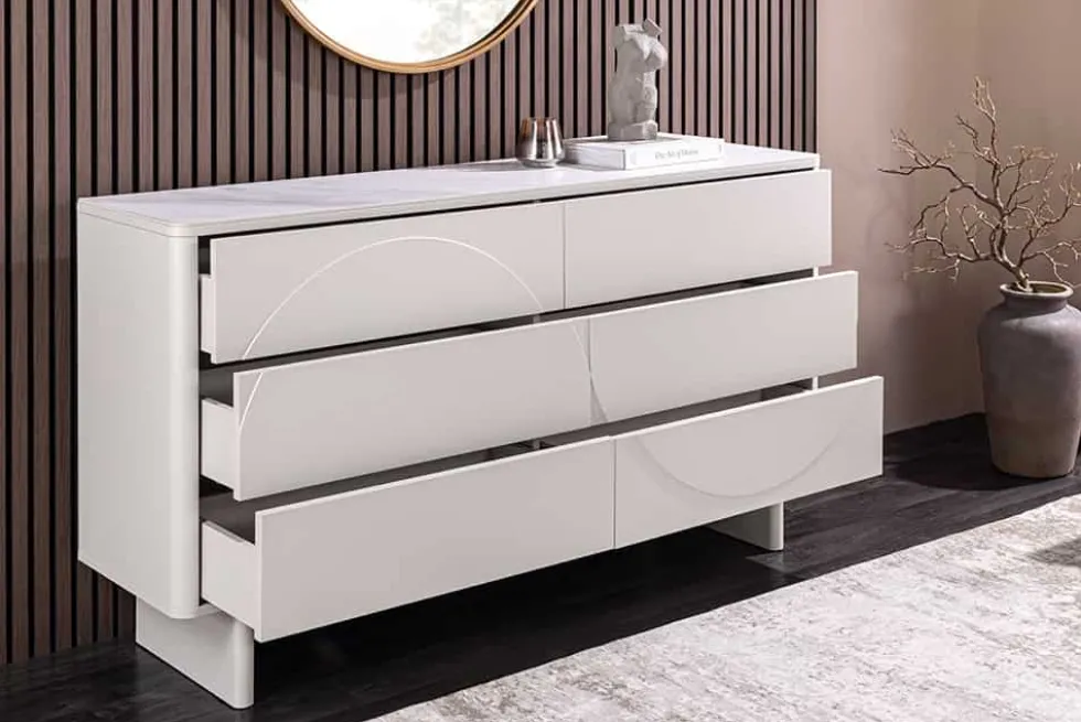 Design Sideboard SAVOY 150cm kaschmir weiß Marmor Keramik mit sechs Schubladen