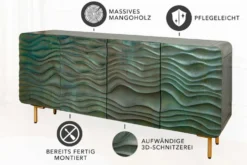 Design Sideboard WAVE 160cm türkis Mangoholz Massivholz mattgold Metallbeine
