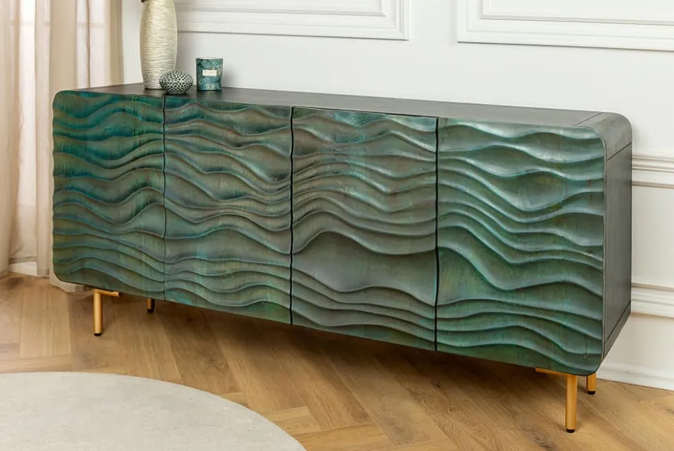 Design Sideboard WAVE 160cm türkis Mangoholz Massivholz mattgold Metallbeine