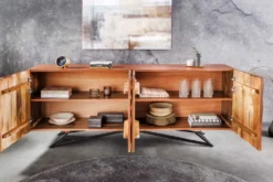 Design Sideboard ZEN 180cm braun Mangoholz mit 3D Schnitzereien Metallgestell schwarz handmade