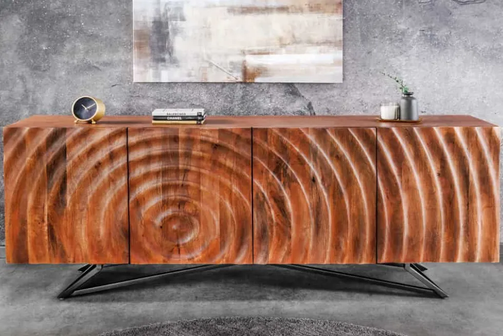 Design Sideboard ZEN 180cm braun Mangoholz mit 3D Schnitzereien Metallgestell schwarz handmade
