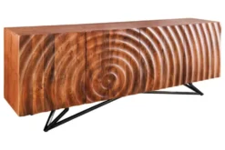 Design Sideboard ZEN 180cm braun Mangoholz mit 3D Schnitzereien Metallgestell schwarz handmade