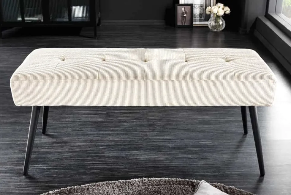 Design Sitzbank BOUTIQUE 100cm beige Cord schwarze Metallbeine Polsterbank