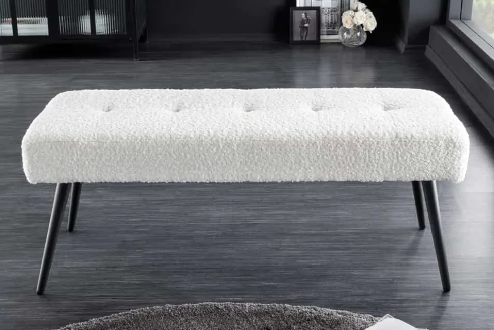 Design Sitzbank BOUTIQUE 100cm weiß Bouclé schwarze Metallbeine Polsterbank