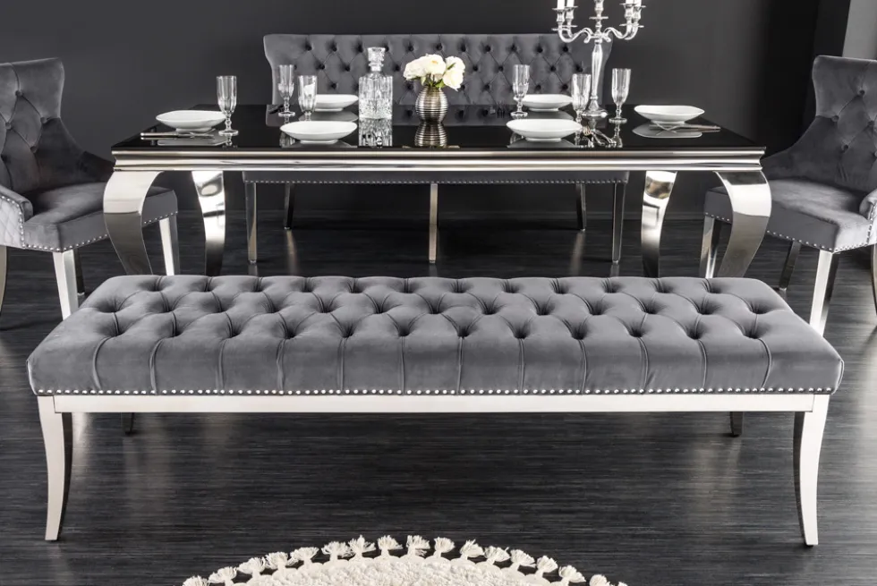 Design Sitzbank CASTLE DELUXE 165cm grau Samt silber Edelstahl gepolstert