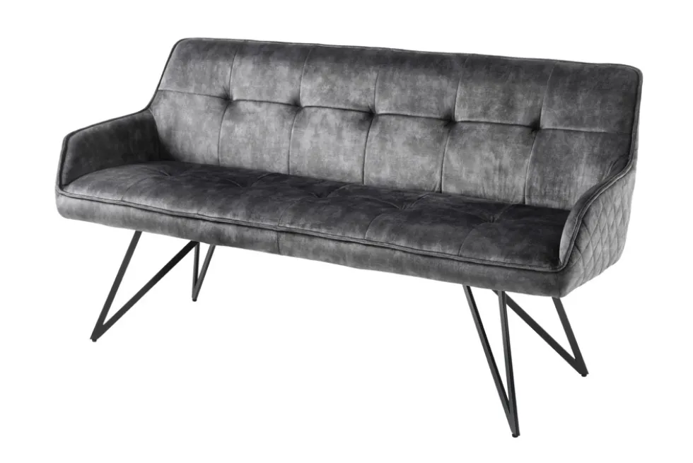 Design Sitzbank EUPHORIA 160cm dunkelgrau Samt Retrostil Ziersteppung Hairpin Legs Metallbeine Armlehnen