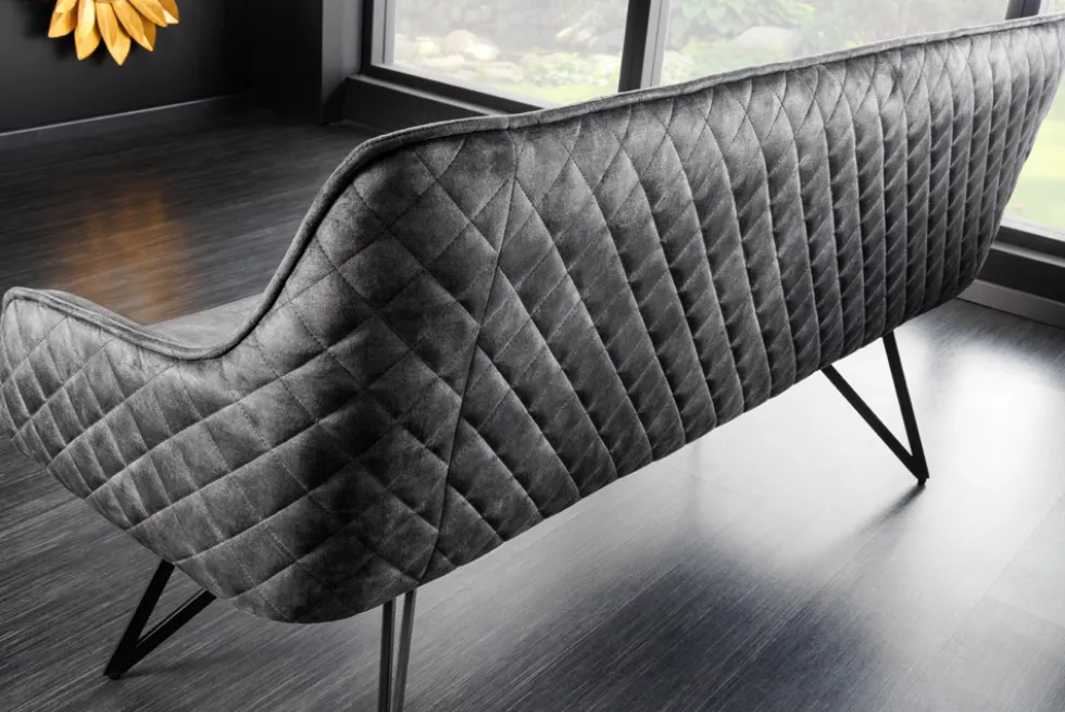 Design Sitzbank EUPHORIA 160cm dunkelgrau Samt Retrostil Ziersteppung Hairpin Legs Metallbeine Armlehnen