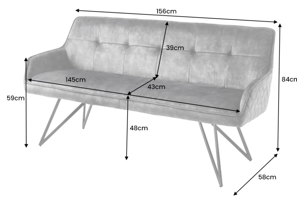 Design Sitzbank EUPHORIA 160cm dunkelgrau Samt Retrostil Ziersteppung Hairpin Legs Metallbeine Armlehnen