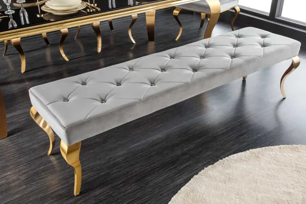 Design Sitzbank MODERN BAROCK 175cm grau Samt gold Edelstahl