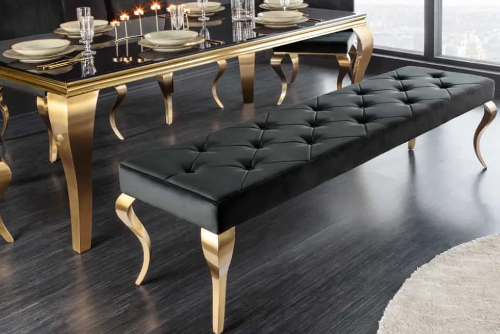 Design Sitzbank MODERN BAROCK 175cm schwarz Samt gold Edelstahl