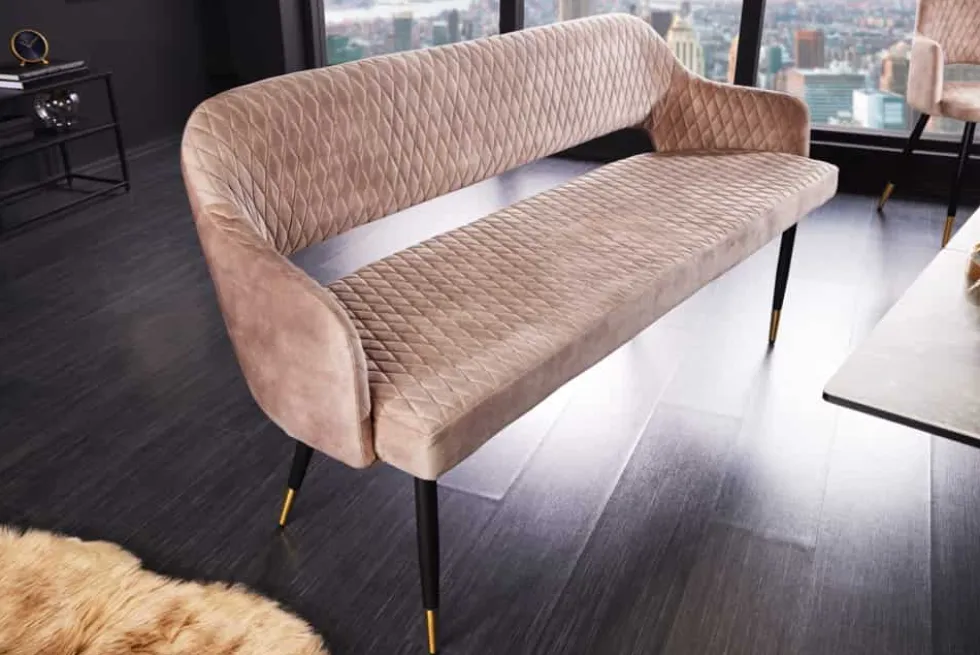 Design Sitzbank PARIS 160cm greige Samt Rückenlehne goldene Fußkappen Retro