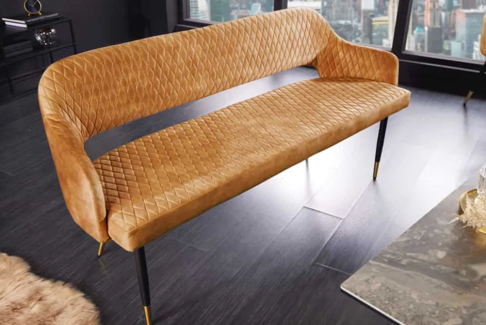 Design Sitzbank PARIS 160cm senfgelb Samt Retro Rückenlehne