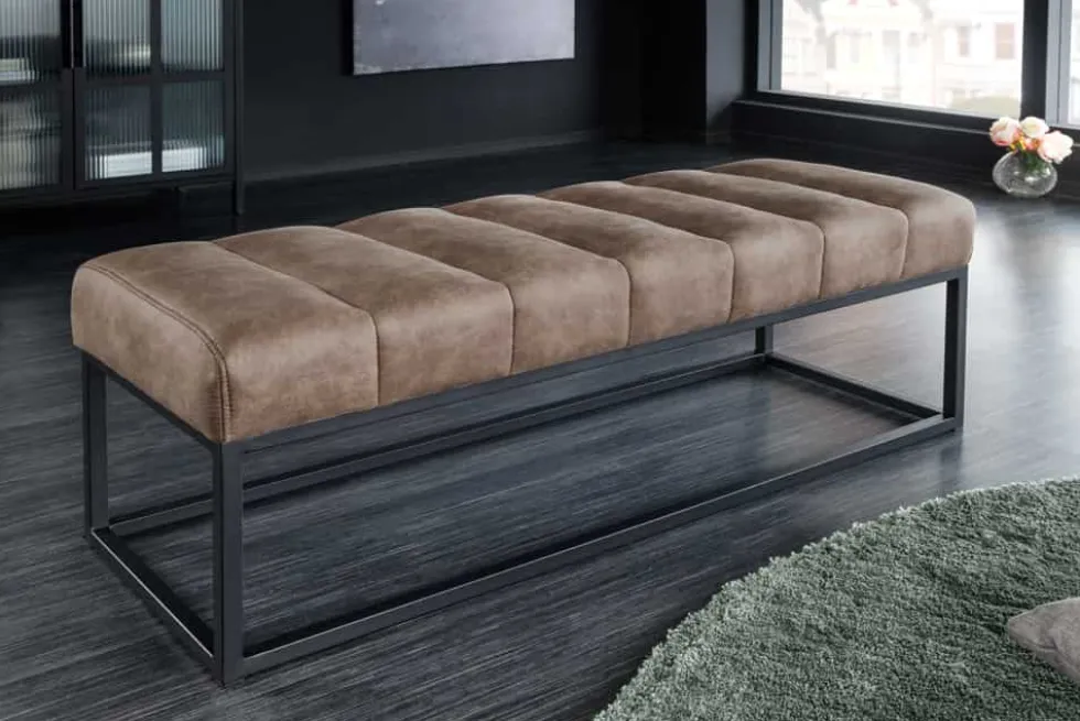 Design Sitzbank PETIT BEAUTÉ 110cm vintage taupe Microfaser schwarzes Metallgestell