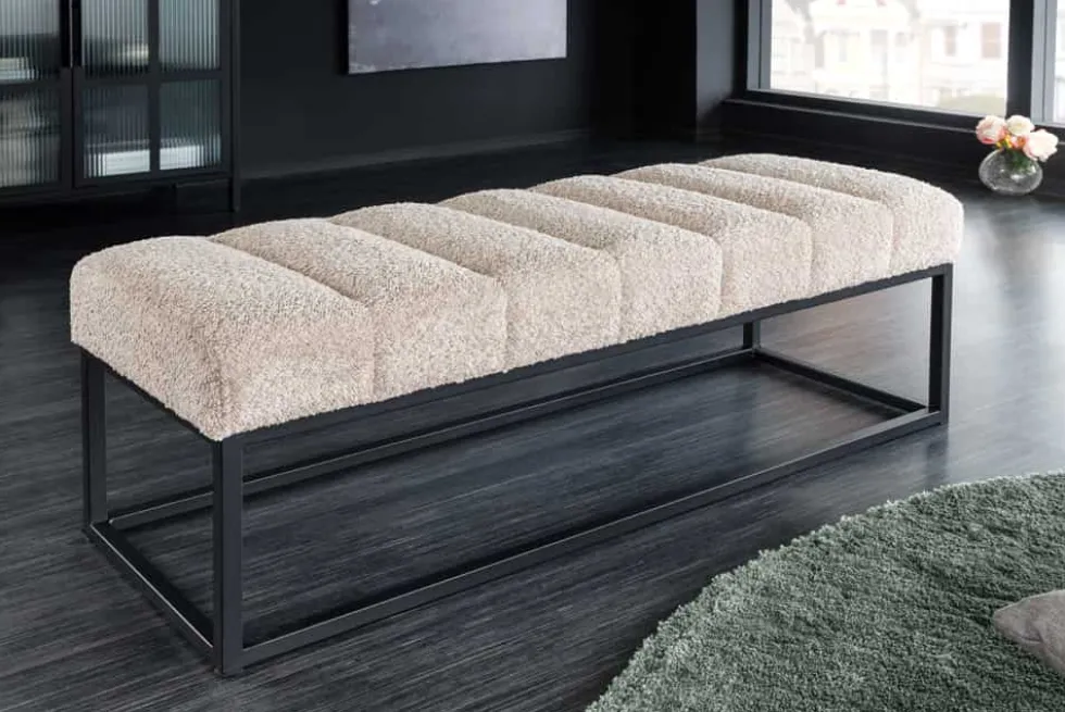 Design Sitzbank PETIT BEAUTÉ 110cm champagner greige Bouclé schwarzes Metallgestell