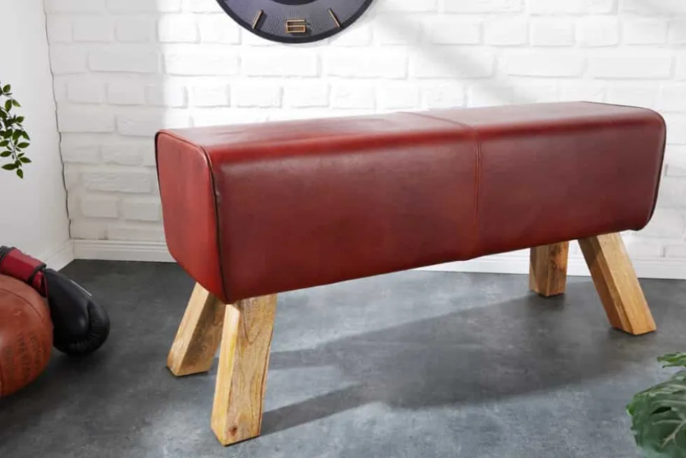 Design Sitzbank TURNBOCK 100cm coffee Echtleder Mangoholz Retro Sitzhocker