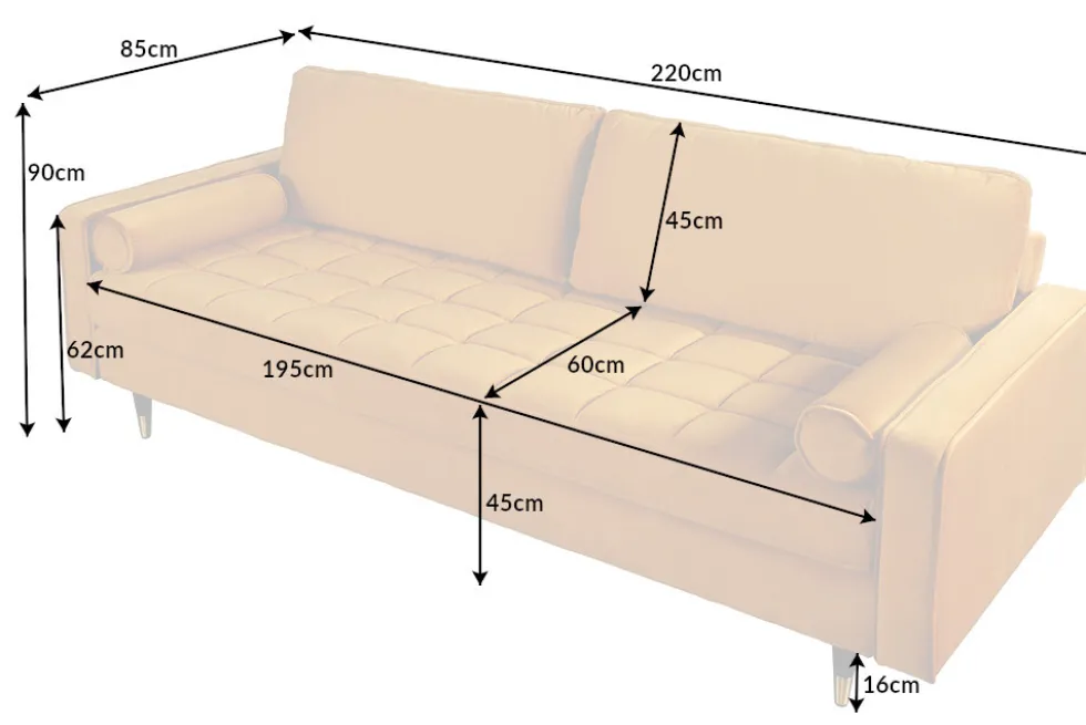 Design 3-Sitzer Sofa COZY VELVET 220cm senfgelb Samt Federkern