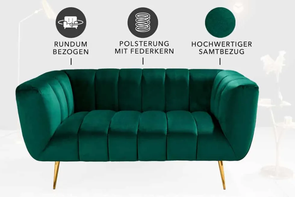Design 2-Sitzer Sofa NOBLESSE 165cm smaragdgrün Samt Federkern goldene Metallfüße